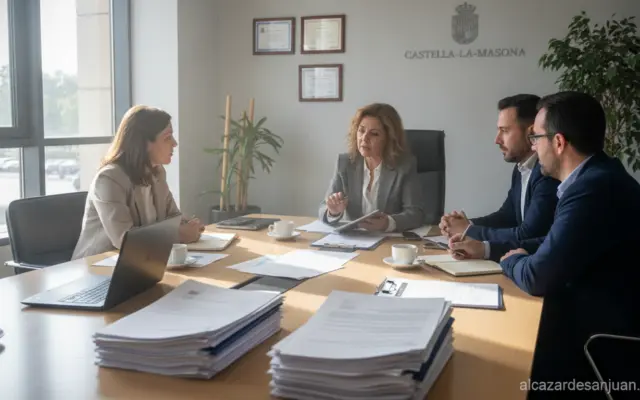 Realistic photojournalistic scene of a regional government economic development office in Castilla-La Mancha, Spain, advis...