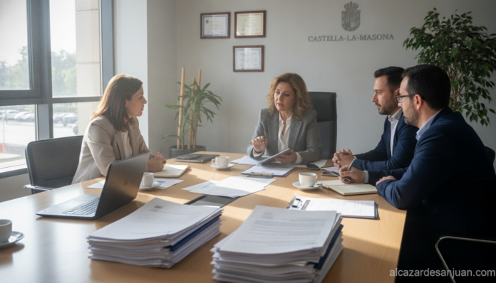 Realistic photojournalistic scene of a regional government economic development office in Castilla-La Mancha, Spain, advis...
