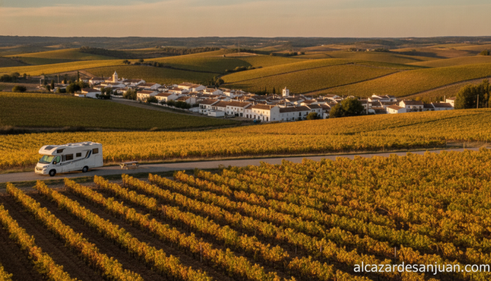 Realistic photojournalistic scene of a scenic rural tourism landscape in Albacete province, Castilla-La Mancha, Spain: rol...