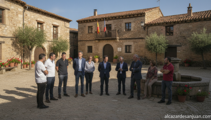 Realistic photojournalistic scene of a small rural village square in Guadalajara province, Spain, with stone houses, a tow...
