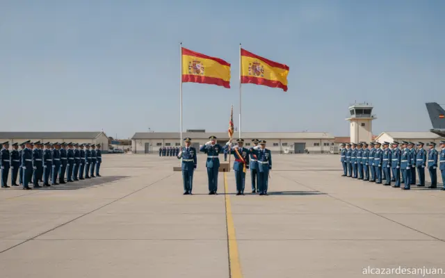 Realistic photojournalistic scene of a Spanish military air base ceremony, an outdoor formal change-of-command act with of...