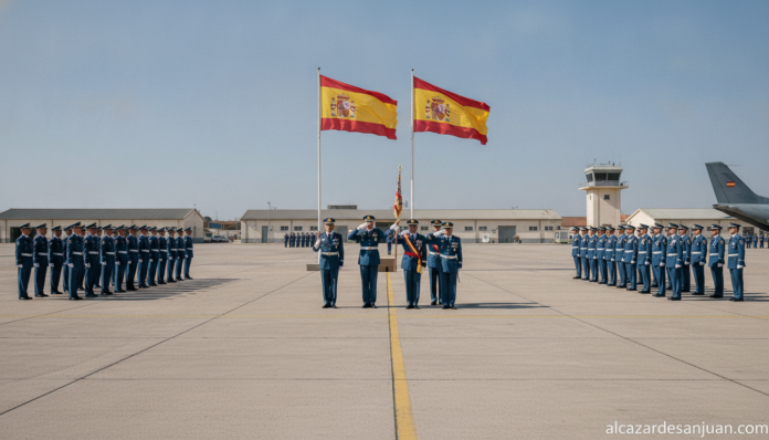 Realistic photojournalistic scene of a Spanish military air base ceremony, an outdoor formal change-of-command act with of...