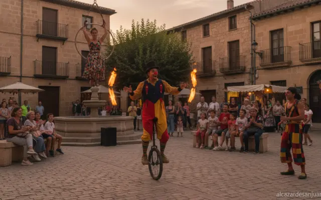 Realistic photojournalistic scene of a street theatre performance in a small Spanish town square, contemporary circus and ...