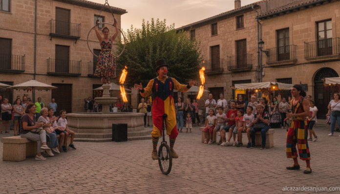 Realistic photojournalistic scene of a street theatre performance in a small Spanish town square, contemporary circus and ...