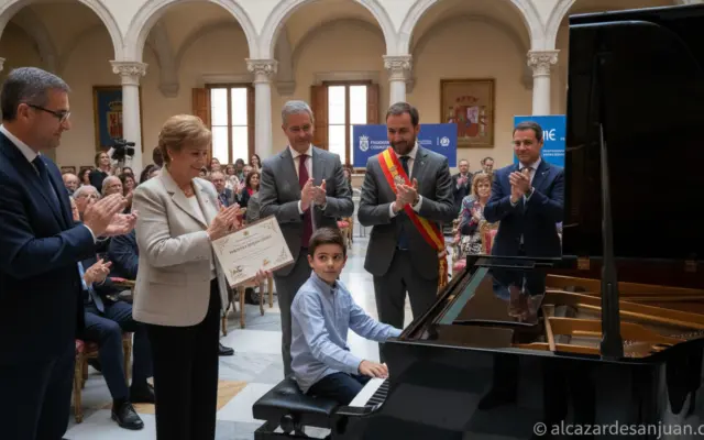 Realistic photojournalistic scene of a warm institutional awards ceremony in a Spanish regional government building, a you...