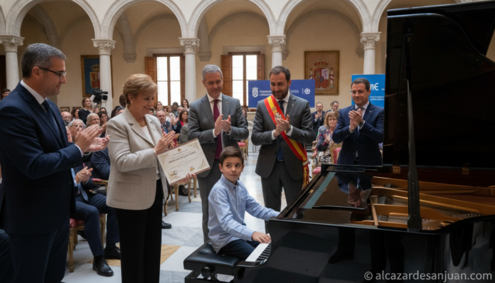 Realistic photojournalistic scene of a warm institutional awards ceremony in a Spanish regional government building, a you...