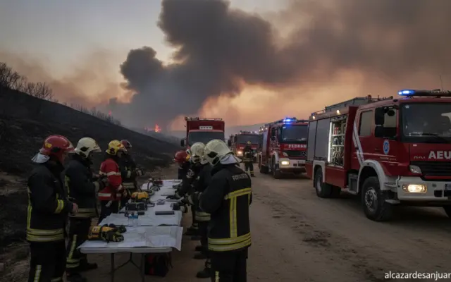 Realistic photojournalistic scene of a wildfire emergency command post in southern Spain, firefighters and emergency vehic...