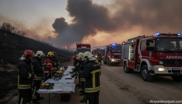 Realistic photojournalistic scene of a wildfire emergency command post in southern Spain, firefighters and emergency vehic...