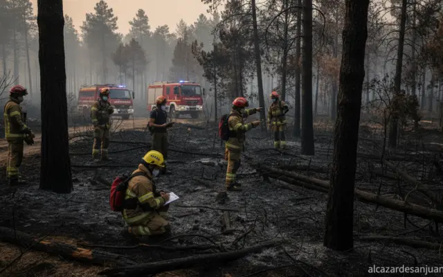 Realistic photojournalistic scene of firefighters and forestry technicians working in a burned pine and oak forest in cent...