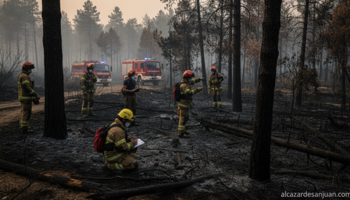 Realistic photojournalistic scene of firefighters and forestry technicians working in a burned pine and oak forest in cent...