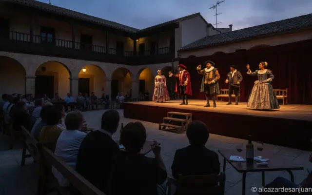 Realistic photojournalistic shot of a classical open-air theatre performance at dusk in a historic Spanish town square (Co...