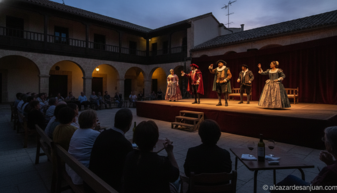 Realistic photojournalistic shot of a classical open-air theatre performance at dusk in a historic Spanish town square (Co...