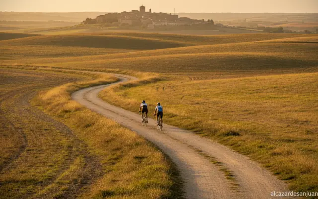 Realistic photojournalistic wide shot of a scenic rural cycling route in the Castilla-La Mancha countryside, Spain: a well...