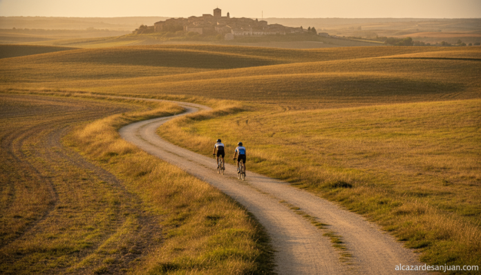 Realistic photojournalistic wide shot of a scenic rural cycling route in the Castilla-La Mancha countryside, Spain: a well...