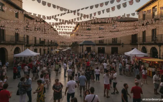 Realistic photojournalistic wide shot of a summer traditional Spanish street festival in Ciudad Real, Castilla-La Mancha, ...