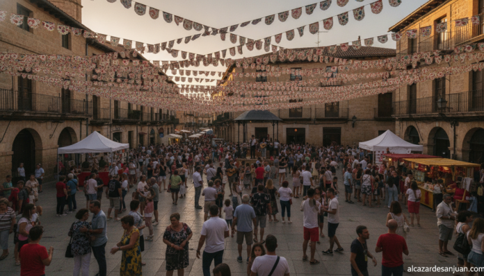 Realistic photojournalistic wide shot of a summer traditional Spanish street festival in Ciudad Real, Castilla-La Mancha, ...
