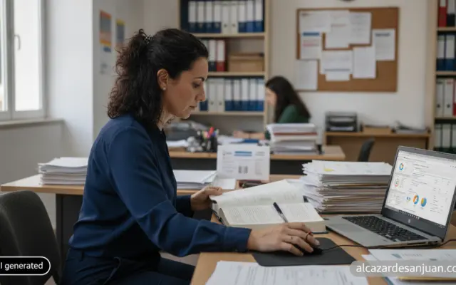 Photojournalistic realistic scene of a Spanish regional education department office, a teacher reviewing documents and a l...