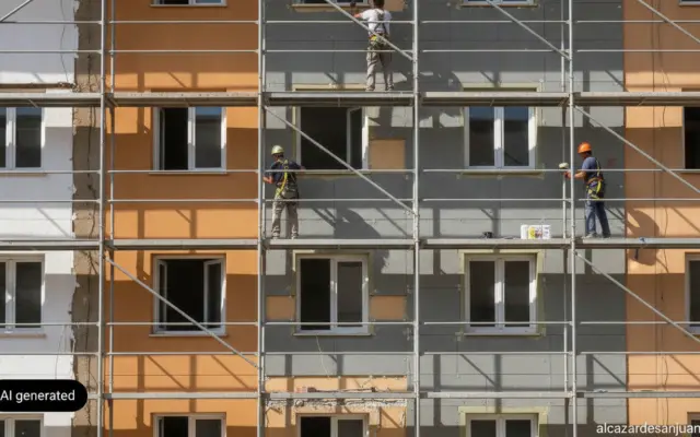 Photojournalistic realistic scene of an old Spanish residential building façade undergoing energy efficiency renovation, w...