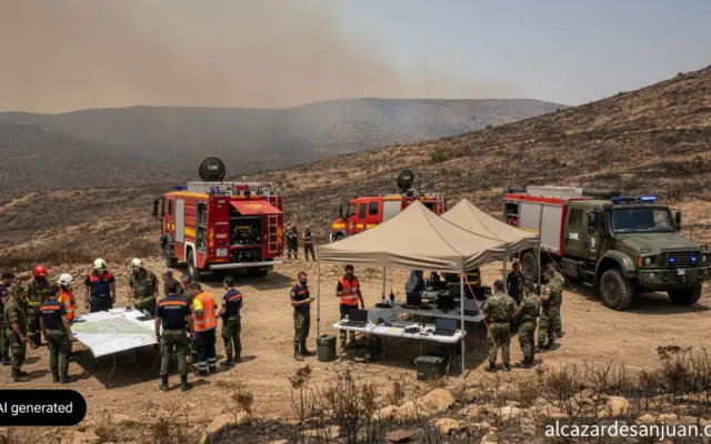 Photojournalistic realistic scene of Spanish emergency services and firefighters at an advanced command post coordinating ...