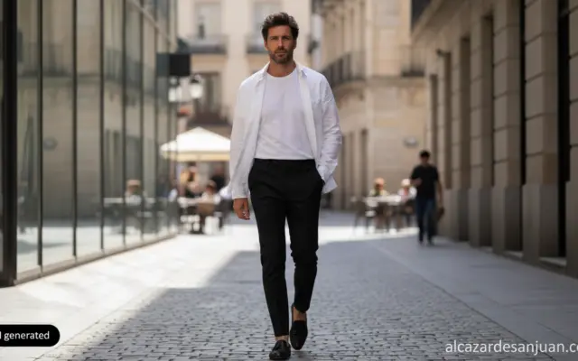 Realistic editorial fashion photography, a stylish man in his 30s wearing minimalist urban tailored trousers and a clean s...