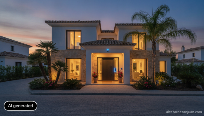 Realistic photograph of a modern Spanish holiday rental house exterior at dusk, with a smart electronic door lock with a g...