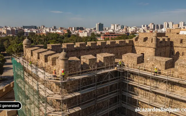 Realistic photojournalism image of an old Spanish stone military fort under restoration, scaffolding partially visible, bl...