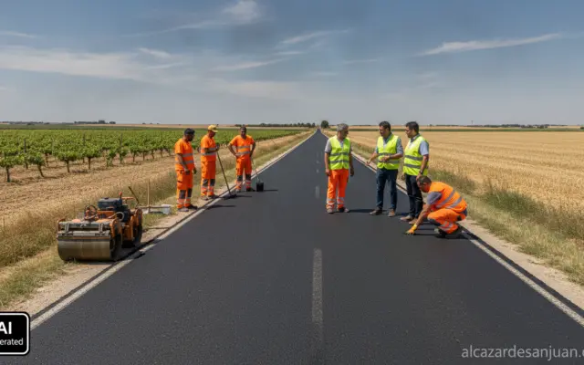 Realistic photojournalism scene: a rural two-lane provincial road in Castilla-La Mancha, Spain, road maintenance crew and ...