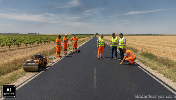 Realistic photojournalism scene: a rural two-lane provincial road in Castilla-La Mancha, Spain, road maintenance crew and ...