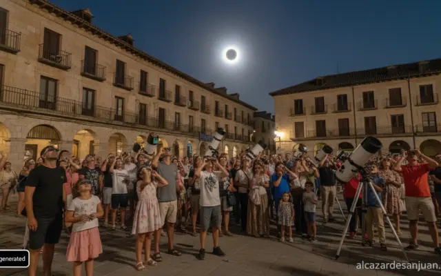 Realistic photojournalism scene: crowds of people in a Spanish town square looking up at the sky with eclipse safety glass...