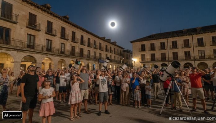 Realistic photojournalism scene: crowds of people in a Spanish town square looking up at the sky with eclipse safety glass...