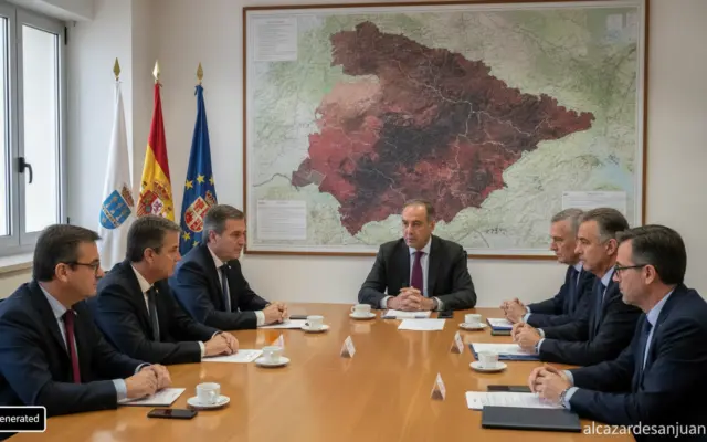 Realistic photojournalism scene: institutional coordination meeting room in Guadalajara, Spain, officials in formal attire...