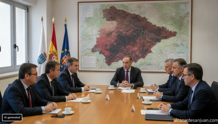 Realistic photojournalism scene: institutional coordination meeting room in Guadalajara, Spain, officials in formal attire...