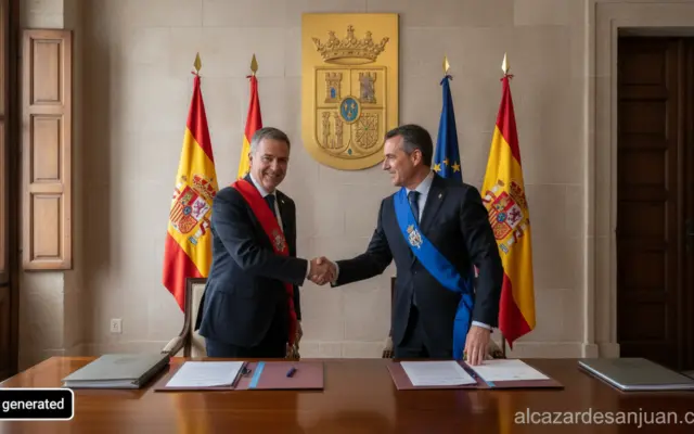 Realistic photojournalism scene: institutional meeting inside a Spanish provincial government building (Palacio Provincial...