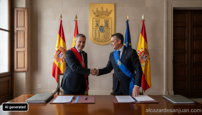 Realistic photojournalism scene: institutional meeting inside a Spanish provincial government building (Palacio Provincial...
