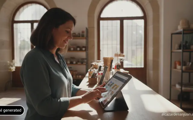 Realistic photojournalism style, a modern small business owner in Spain working at a digital point-of-sale tablet inside a...