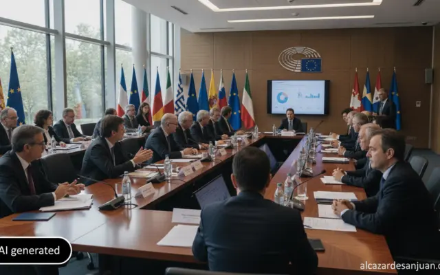 Realistic photojournalism style, European Union institutional meeting room, regional delegates seated around a conference ...
