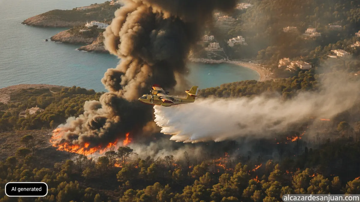 Realistic photojournalism style image, aerial firefighting aircraft dropping water over a Mediterranean pine forest wildfi...