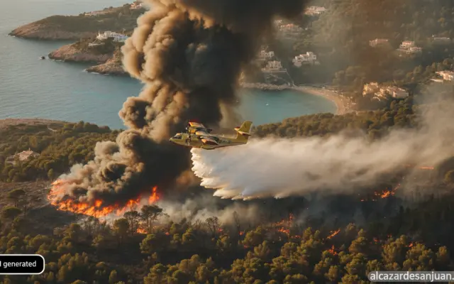 Realistic photojournalism style image, aerial firefighting aircraft dropping water over a Mediterranean pine forest wildfi...