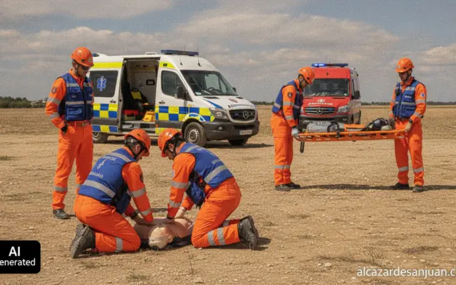 Realistic photojournalism style image of a Civil Protection training session in Spain, volunteers in orange and blue unifo...
