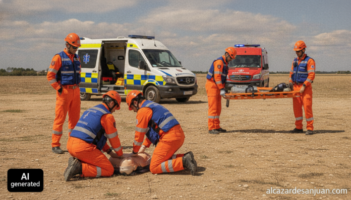Realistic photojournalism style image of a Civil Protection training session in Spain, volunteers in orange and blue unifo...