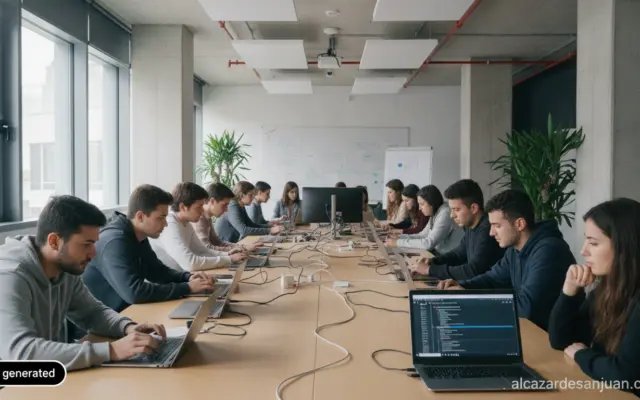 Realistic photojournalism style image of a modern technology training classroom in Madrid, Spain, with students working on...