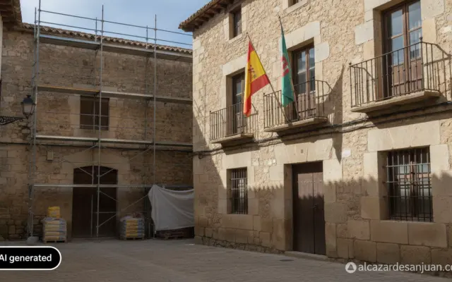 Realistic photojournalism style image of a provincial government building facade in Albacete, Spain, with Spanish and regi...