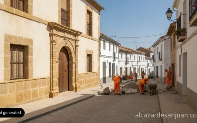 Realistic photojournalism style image of a small rural Spanish village street in Castilla-La Mancha province of Albacete, ...