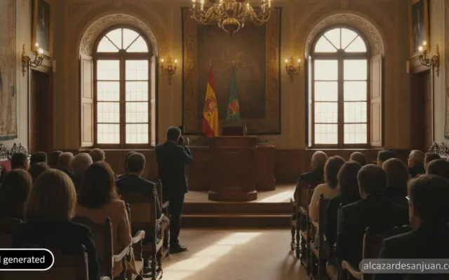 Realistic photojournalism style image of an official awards ceremony in a historic Spanish town hall hall, elegant wooden ...