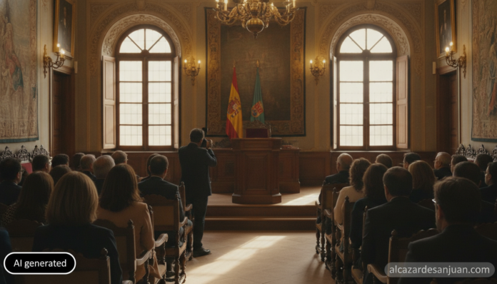 Realistic photojournalism style image of an official awards ceremony in a historic Spanish town hall hall, elegant wooden ...