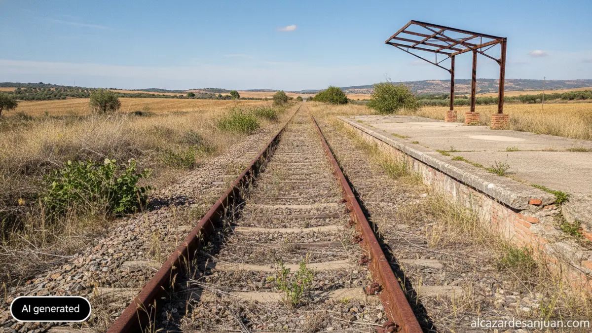 Realistic photojournalism style image of an old disused railway line in a Spanish rural landscape, rusted tracks and an ab...