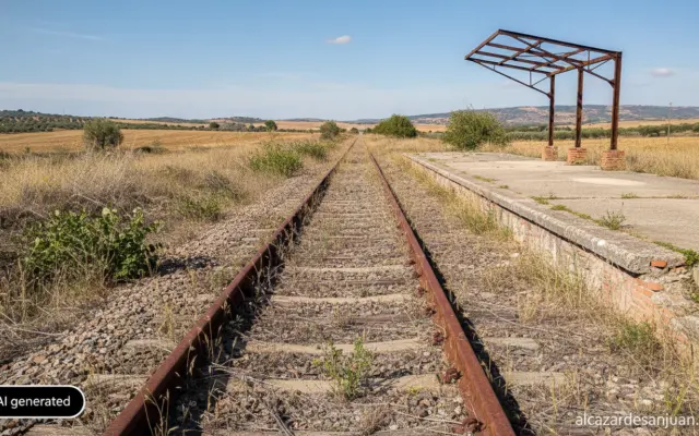 Realistic photojournalism style image of an old disused railway line in a Spanish rural landscape, rusted tracks and an ab...