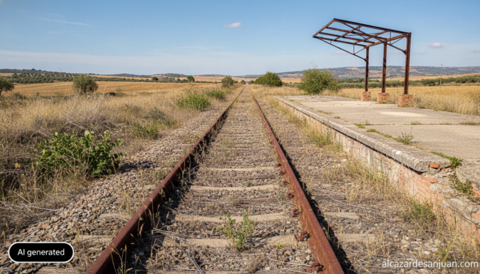 Realistic photojournalism style image of an old disused railway line in a Spanish rural landscape, rusted tracks and an ab...