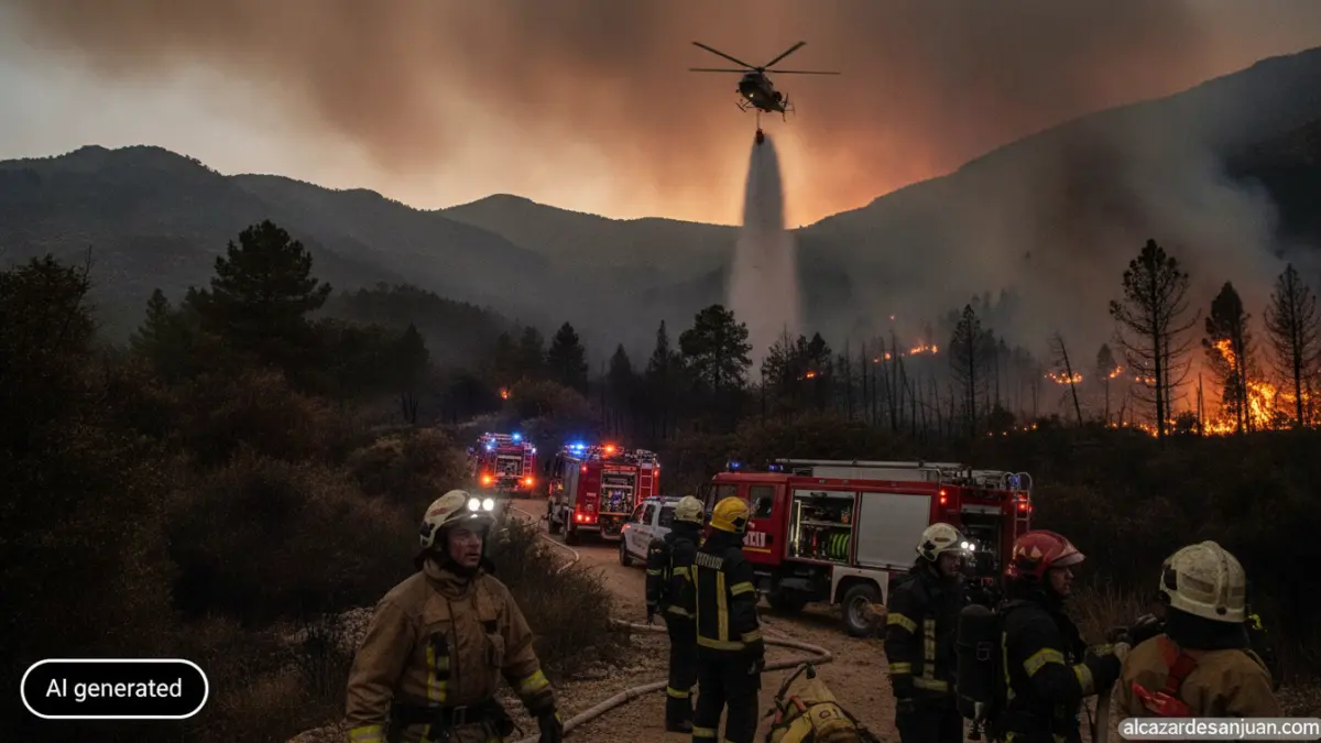 Realistic photojournalism style image of firefighters and emergency vehicles working at the edge of a forest wildfire in a...
