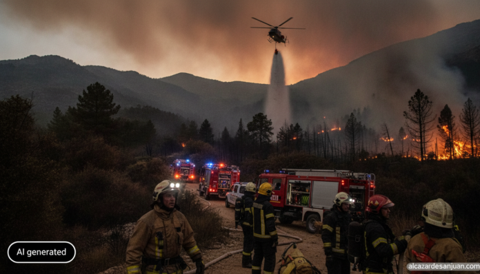 Realistic photojournalism style image of firefighters and emergency vehicles working at the edge of a forest wildfire in a...